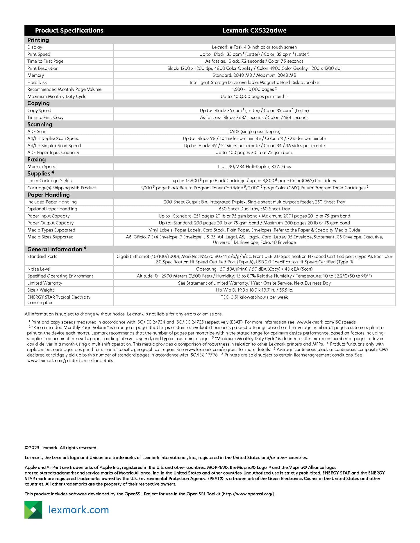 Lexmark A4 Colour Multi Function Printer. CX532adwe. Print, Scan, Copy Fax.