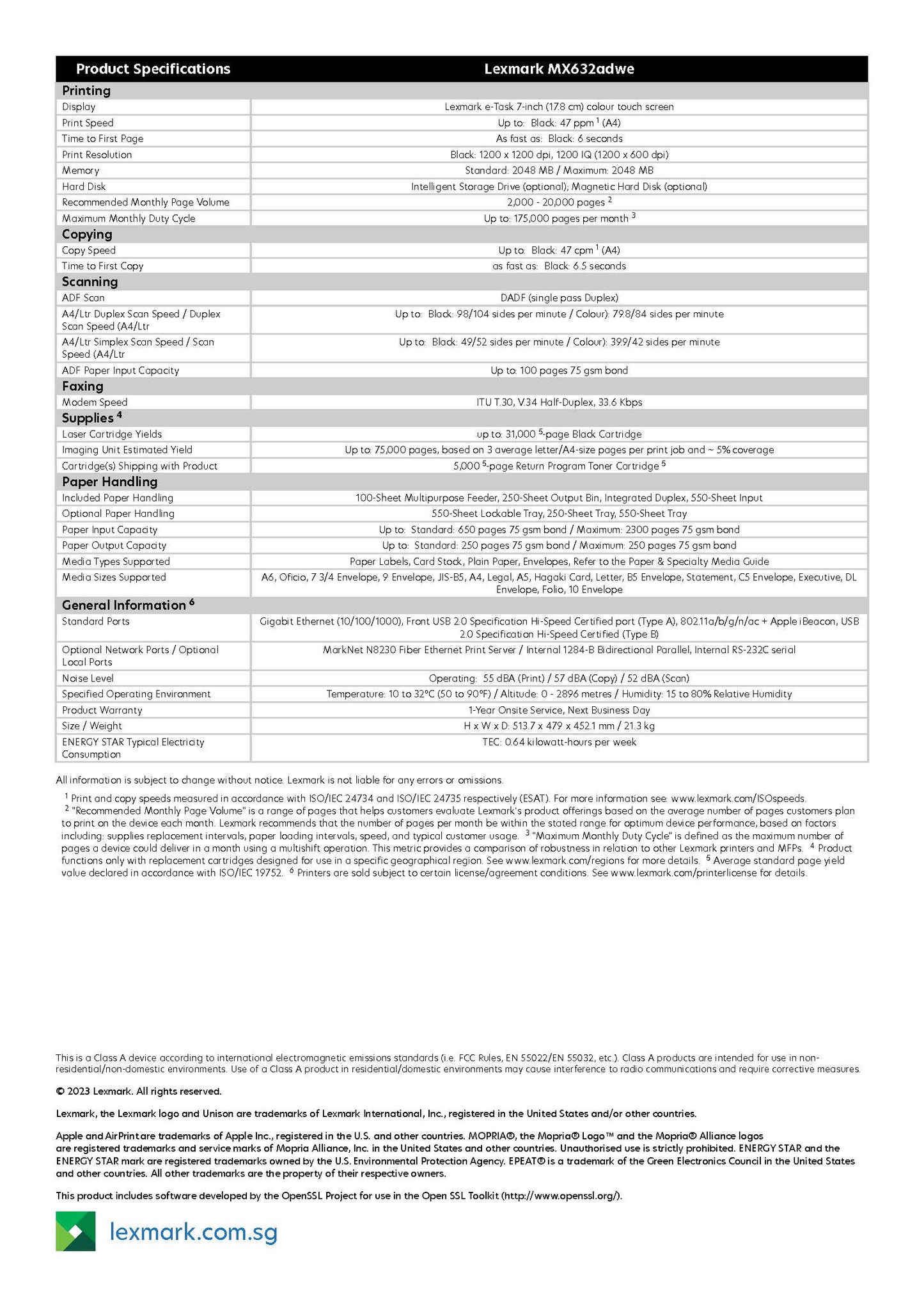 MX632adwe Lexmark 4 Mono Multi Function Printer. 47ppm Duplex Print, Single Pass 2-sided Scanning