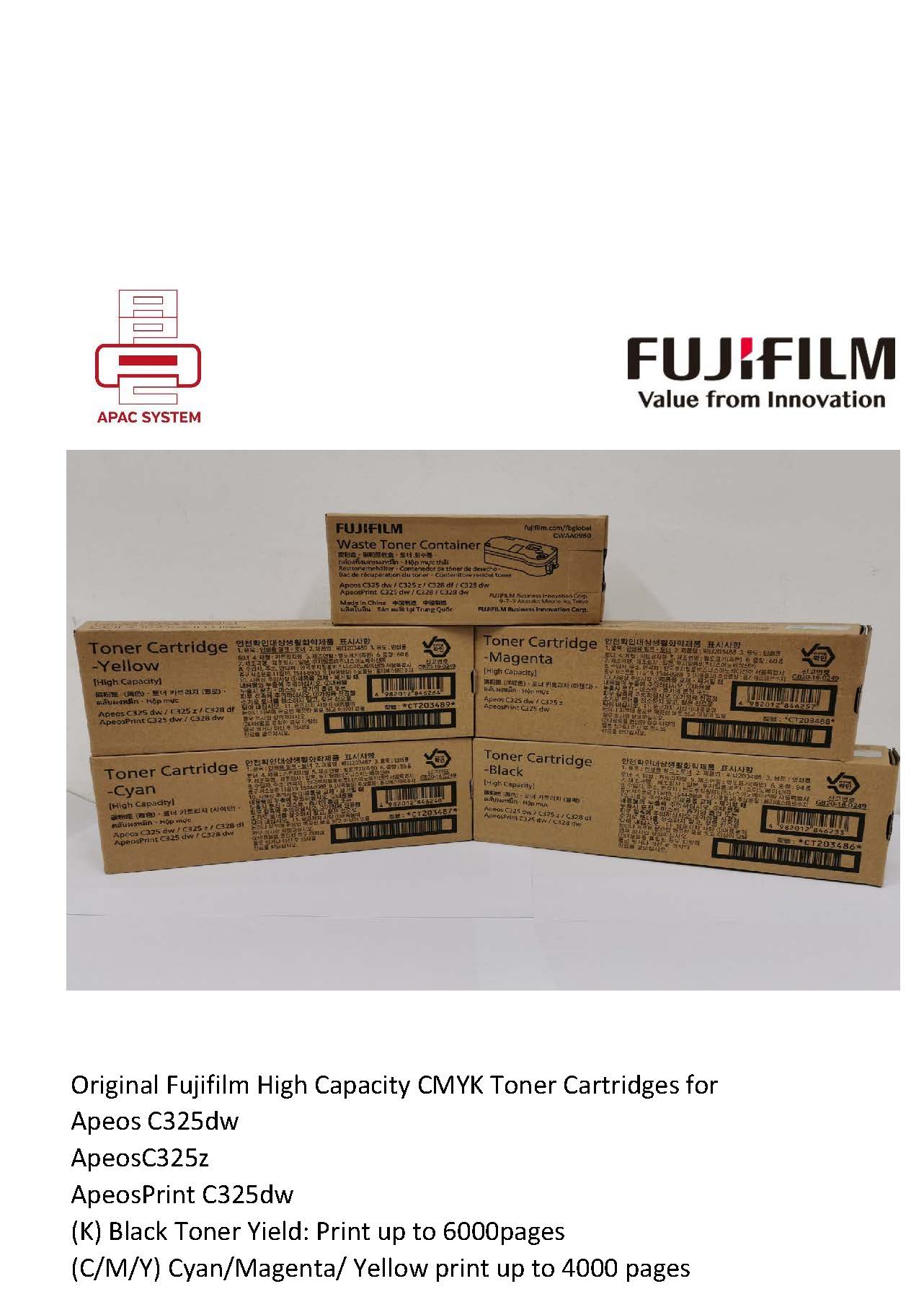 CT203486/CT203502, CT203487/CT203503, CT203488/CT203504, CT203489/CT203505 Fujifilm Toner for Apeos C325 Series Printer Fujifilm High Capacity Toner Cartridge.
