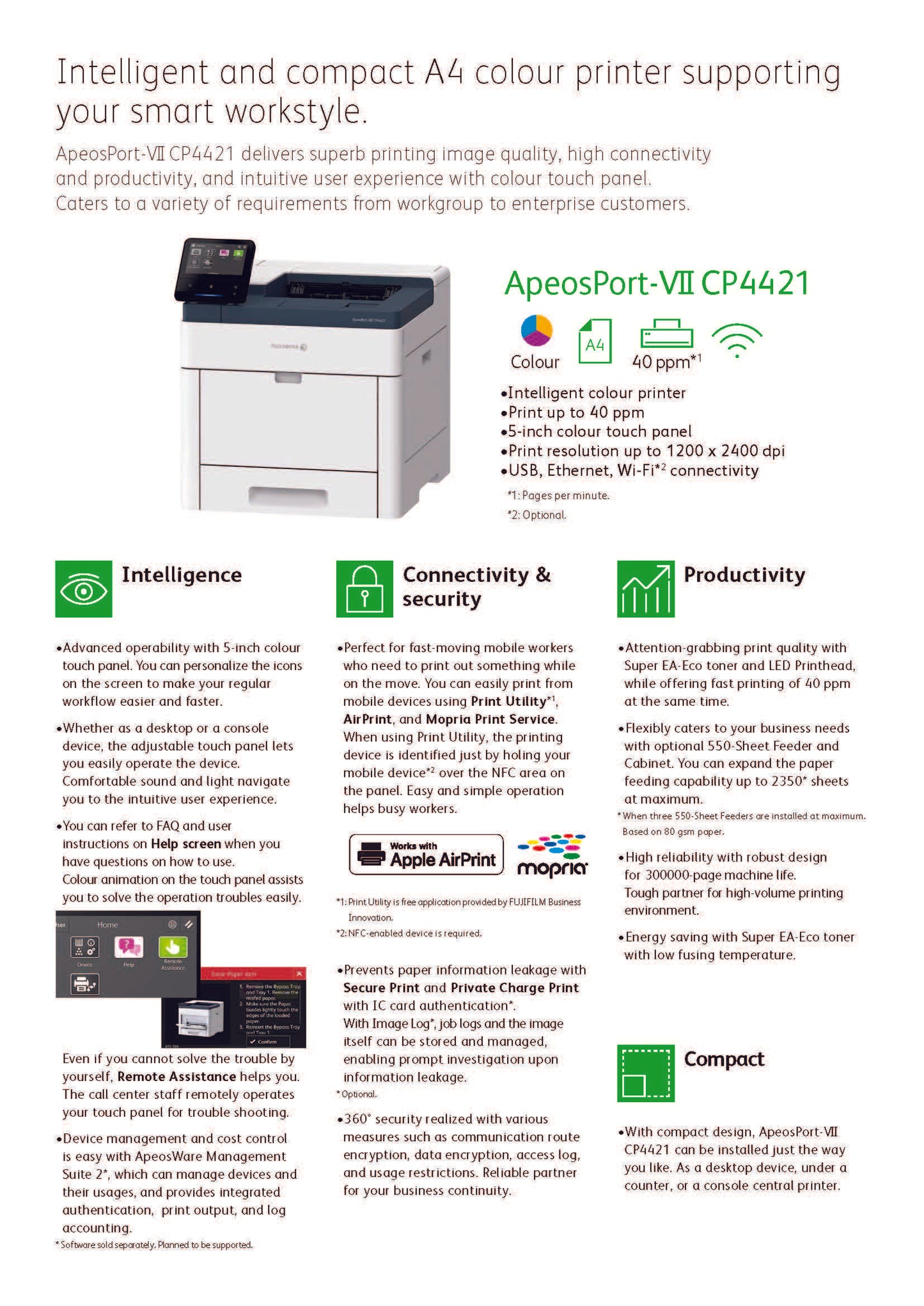 FujiFilm Ap7 CP4421 A4 color Printer 40ppm. 3 years on-site warranty.