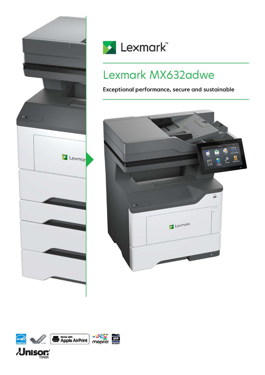 MX632adwe Lexmark 4 Mono Multi Function Printer. 47ppm Duplex Print, Single Pass 2-sided Scanning