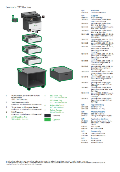 CX532adwe Lexmark A4 Multi Function Printer 3 year On-site warranty.