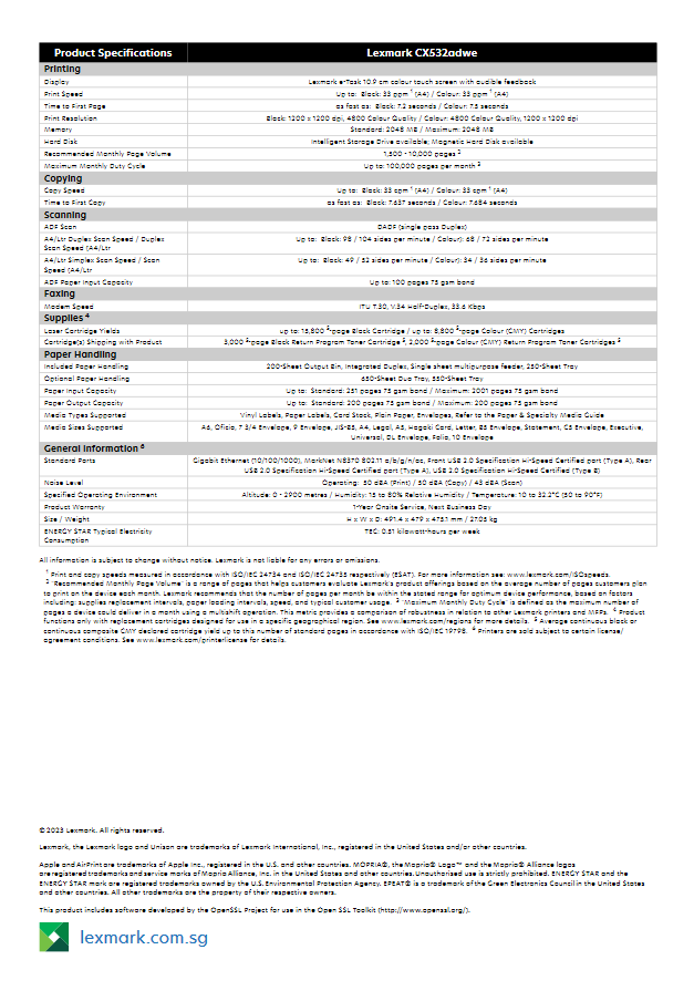 CX532adwe Lexmark A4 Multi Function Printer 3 year On-site warranty.