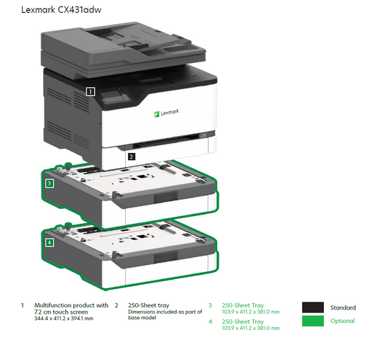 CX431 adw Lexmark Printer bundle with Additional CMYK Toner set.