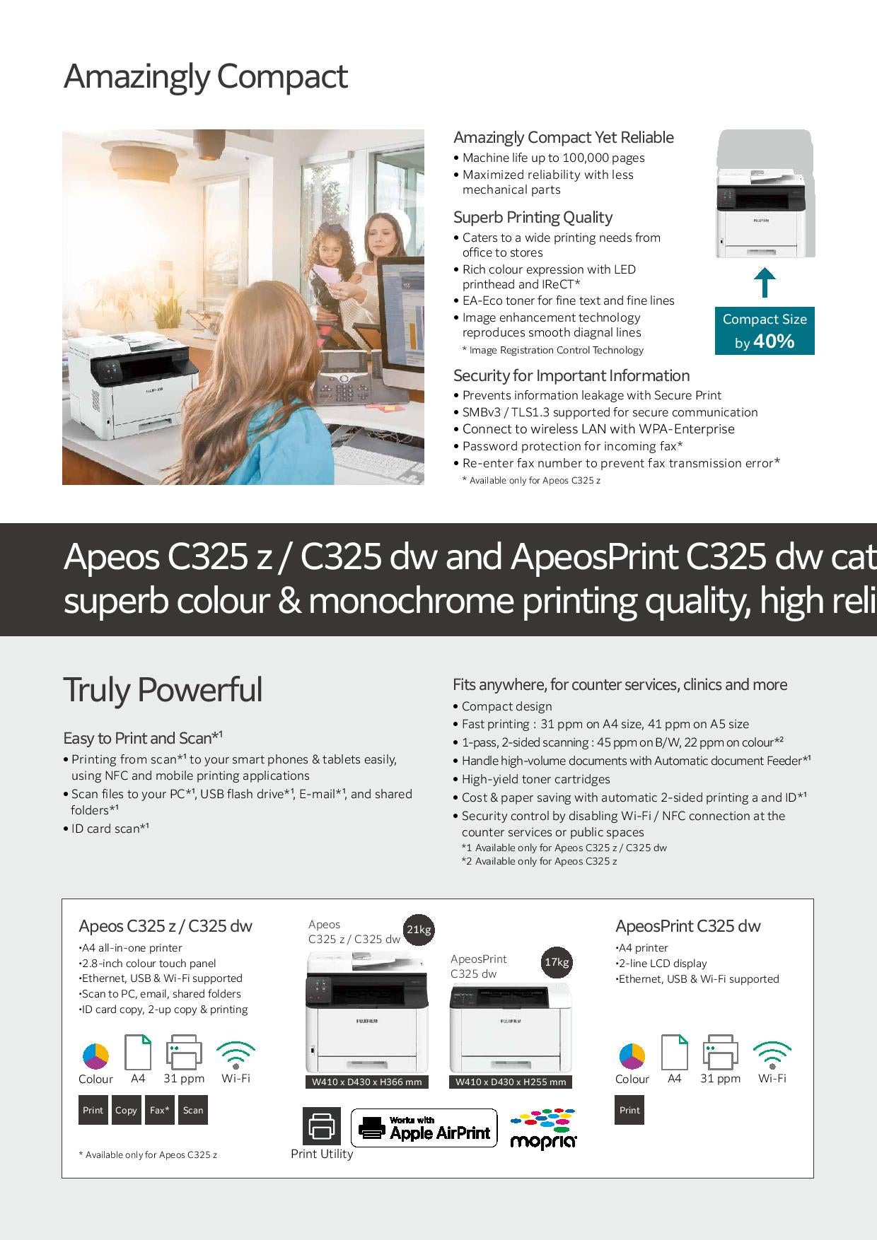 Apeos-C325z Wireless Fujifilm Colour Multi Function printer. Print, Scan, Copy and Fax.3 year On-Site warranty.