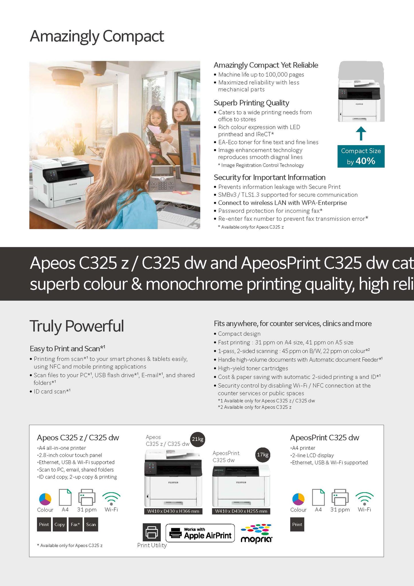 Apeos C325 dw Wireless Colour Multi-Function Printer. Print, Scan and Copy. 3 years On-Site Warranty by Fujifilm.